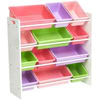 Wholesale 4 tier baby children kids  wooden toy storage organizer with plastic bins