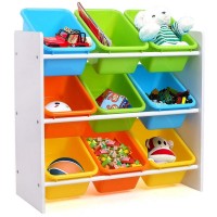 3-Tiers Children Wooden Toy Organizer Shelf with Storage Bins